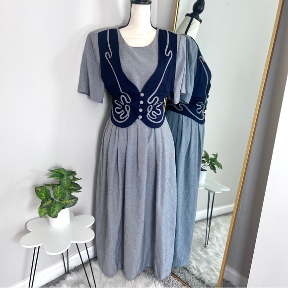 Kithie Lee Vintage 80’s Boho Maxi Gray & Navy Cottage Dress 16W - Picture 3 of 10
